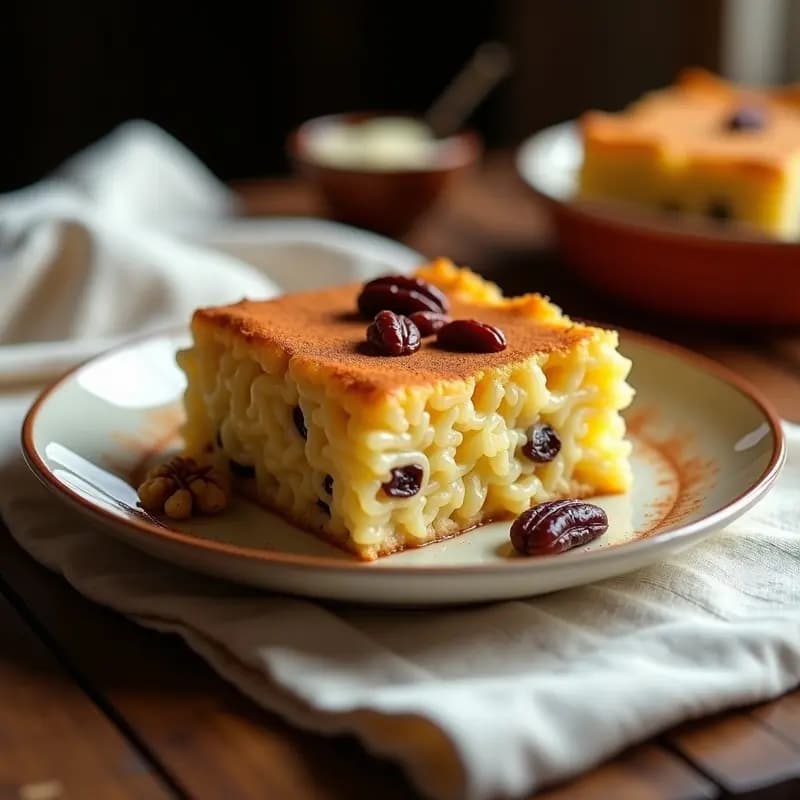 Lokshen Kugel Judío con Fideos de Arroz y Pasas: Pudín Dulce Tradicional