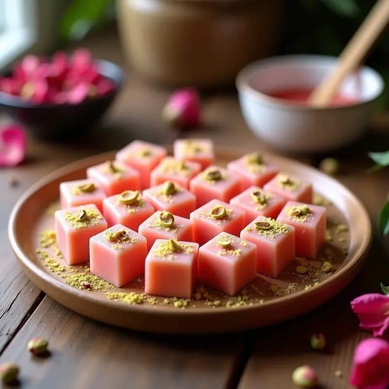 Lokum (Delicia Turca) de Rosa y Pistacho: Postre Sin Horno con Gelatina Natural