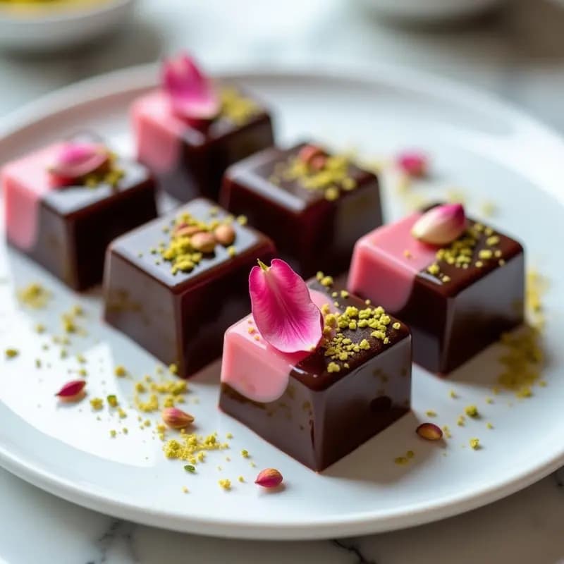 Lokum (Delicias Turcas) de Rosa y Pistacho con Cobertura de Chocolate Negro: Postre Sin Azúcar