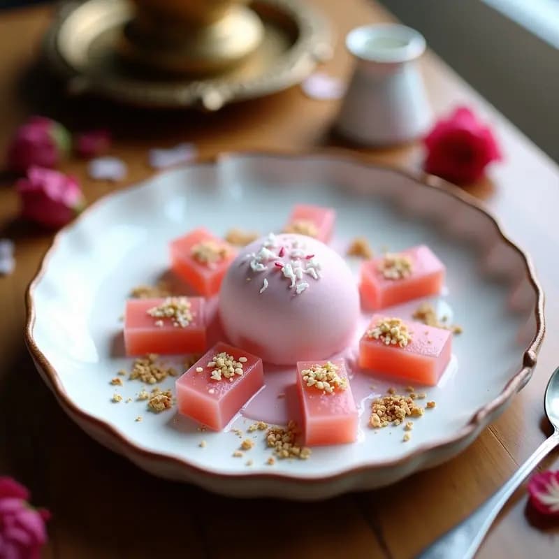 Lokuma Turca con Helado de Rosa: Postre Tradicional con Toque Moderno y Sin Azúcar