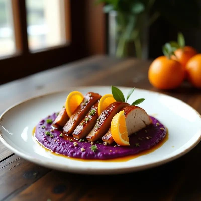 Lomo a la Naranja con Puré de Batata Morada: Receta Española en Olla con Toque Cítrico