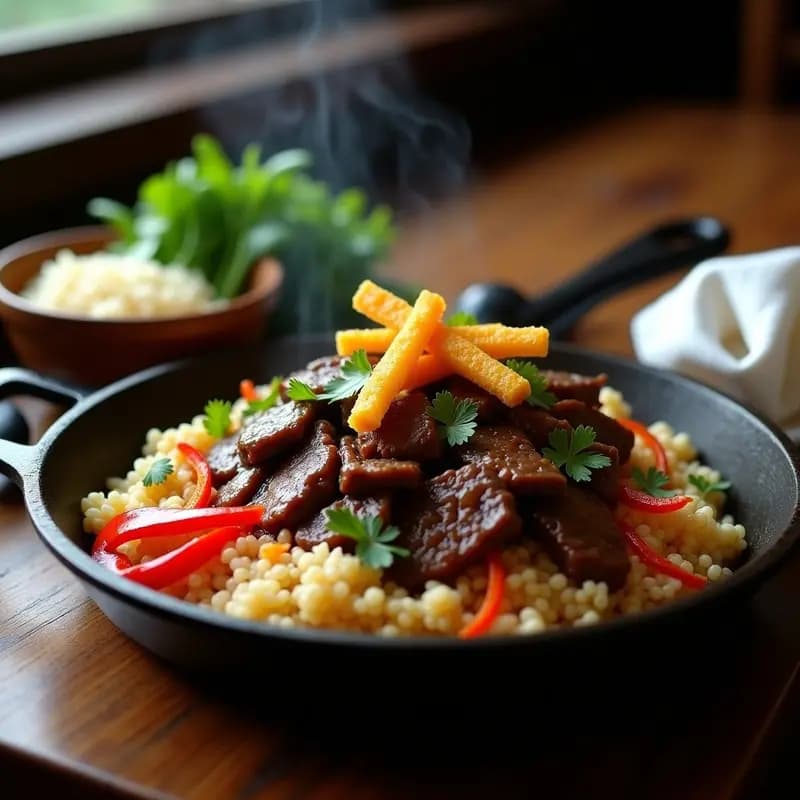 Lomo Saltado con Arroz Basmati y Palillos de Cebolla: Receta Peruana-China en Sartén