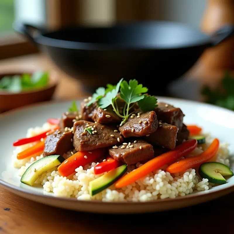 Lomo Saltado con Arroz Basmati y Palillos de Vegetales: Receta Peruana en Wok con Toque Fusion