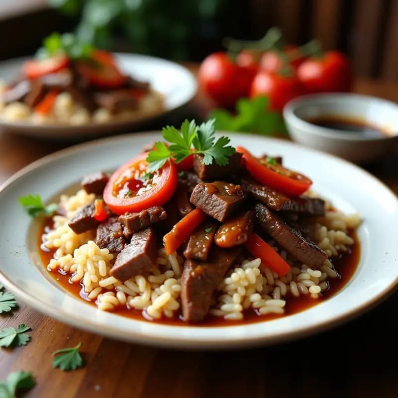 Lomo Saltado con Arroz Integral: Receta Peruana de Carne, Tomate y Cebolla con Salsa de Soja