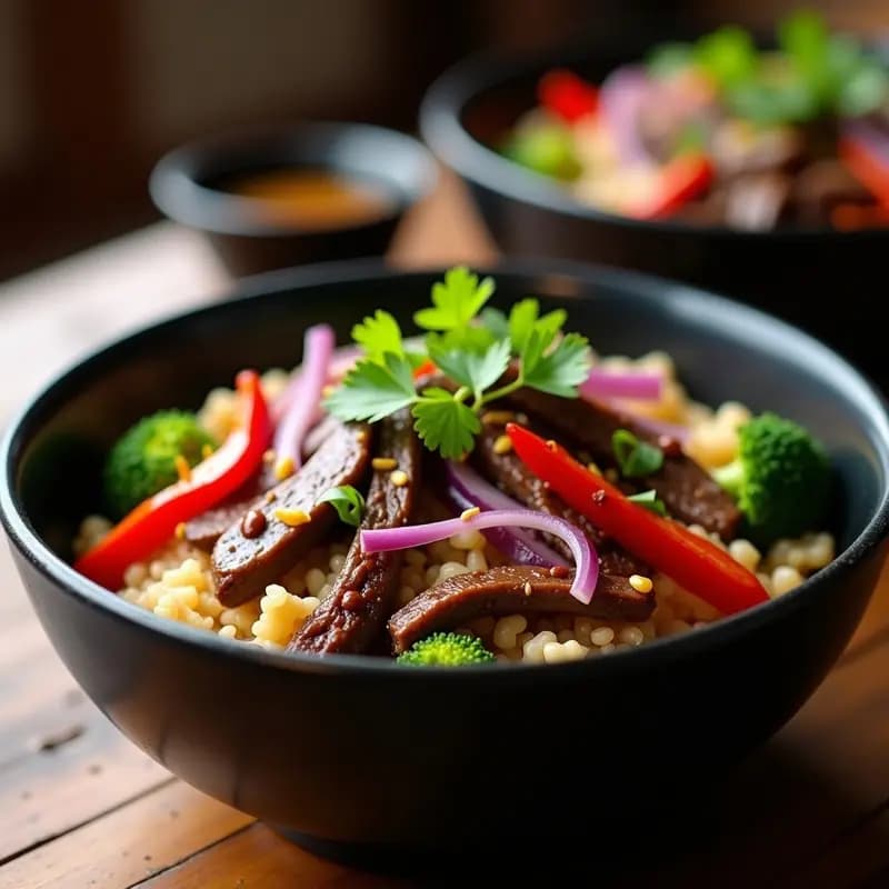 Lomo Saltado con Arroz Integral y Vegetales Salteados: Receta Peruano-China Keto y Baja en Carbohidratos