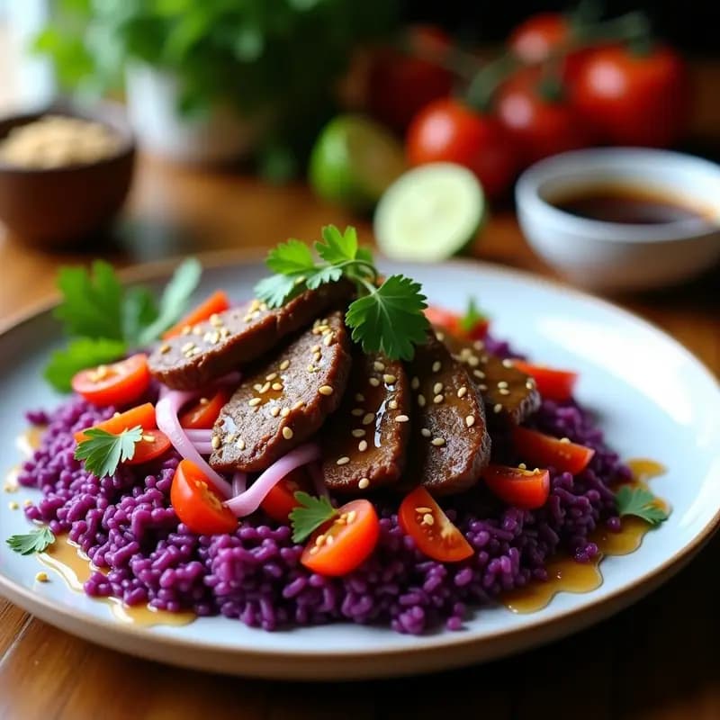 Lomo Saltado con Arroz Púrpura: Receta Peruana en Airfryer con Toque Moderno