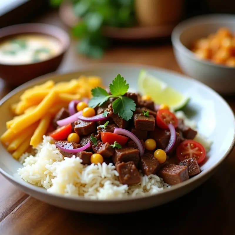 Lomo Saltado con Arroz y Papa: Receta Peruana con Carne y Verduras Salteadas