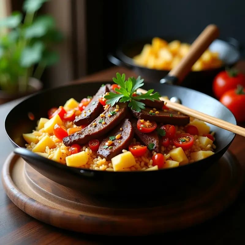 Lomo Saltado con Arroz y Patatas Fritas: Receta Peruano-China en un Solo Wok