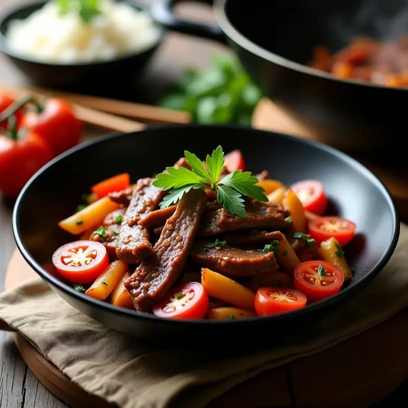 Lomo Saltado Peruano: Receta con Carne, Tomate y Papa Frita en Wok sin Aceite