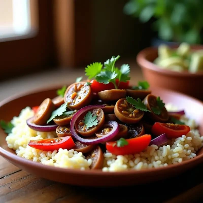 Lomo Saltado de Champiñones Portobello con Arroz Basmati: Receta Peruana Vegana