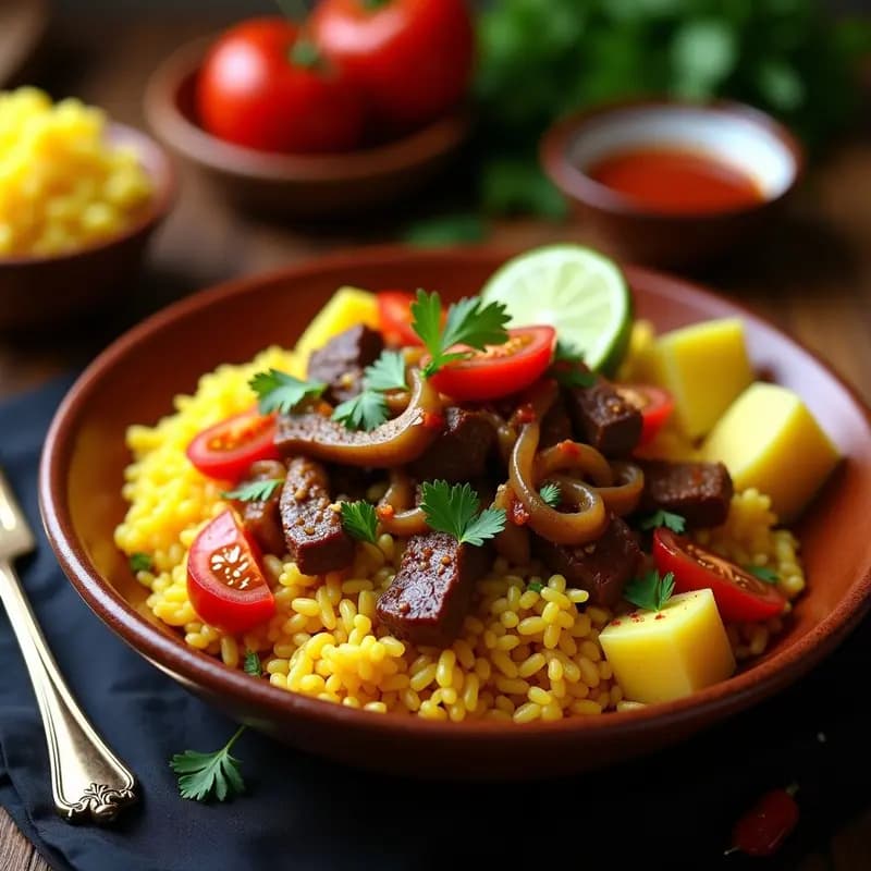 Lomo Saltado Peruano con Arroz Basmati y Papa Amarilla: Receta Rápida en Sartén