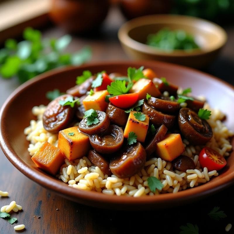 Lomo Saltado de Seta y Tofu con Arroz Integral: Receta Peruana Vegana en Thermomix y Salteada