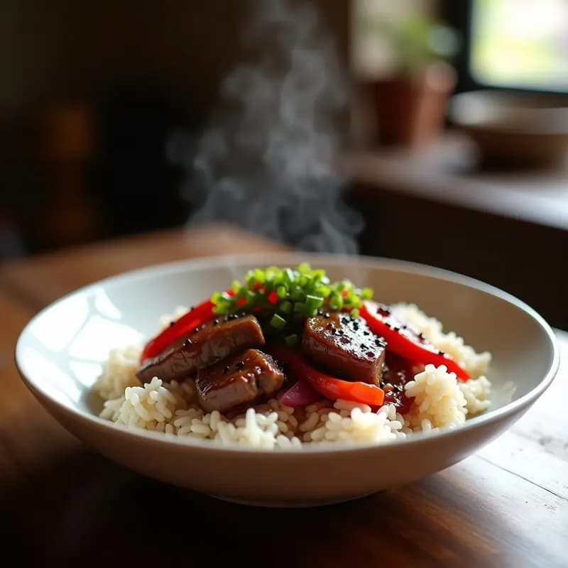 Lomo Saltado de Ternera con Arroz Japonés: Receta Peruano-China en Sartén