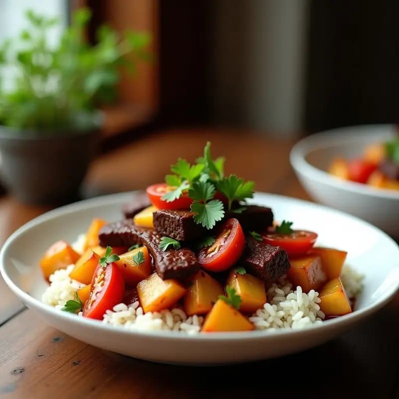 Lomo Saltado Peruano con Arroz y Papa: Salteado de Ternera con Salsa de Sillao