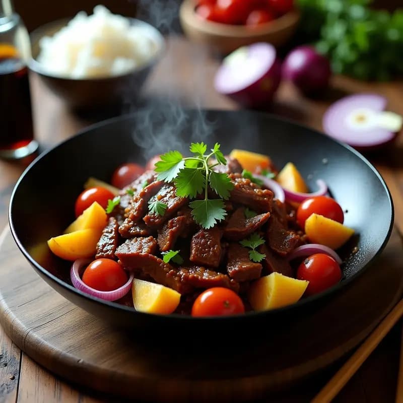 Lomo Saltado de Ternera con Patatas y Cebolla Morada: Receta Peruana en Wok