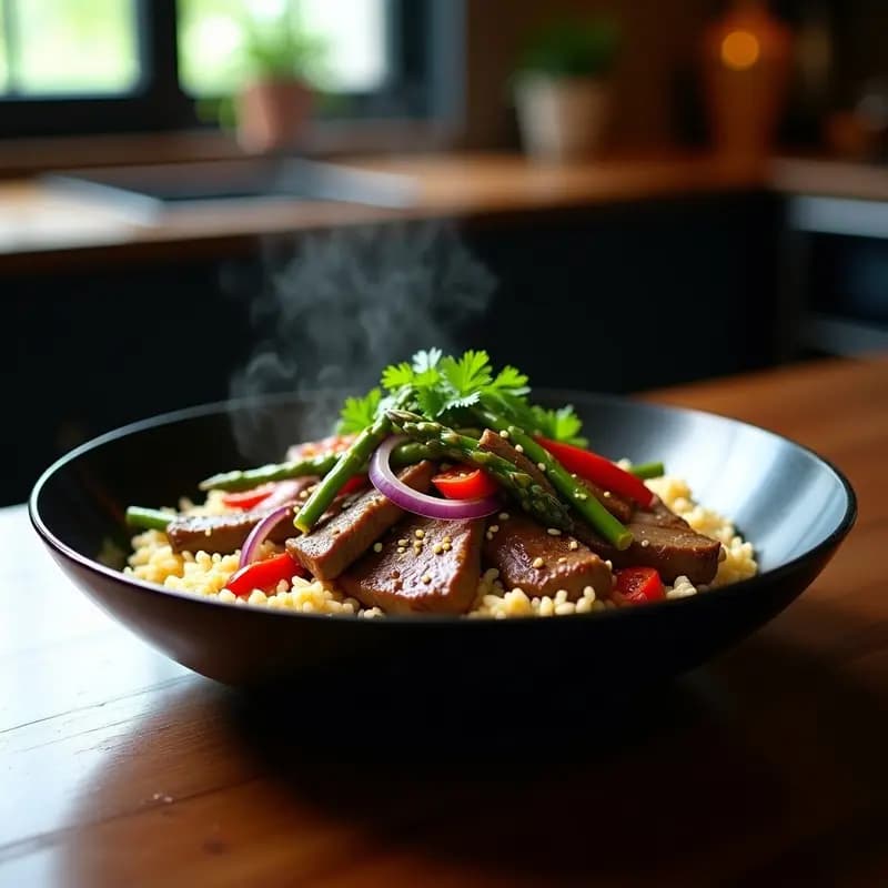 Lomo Saltado de Ternera con Verduras y Arroz: Receta Peruana-China en Wok Alta en Hierro