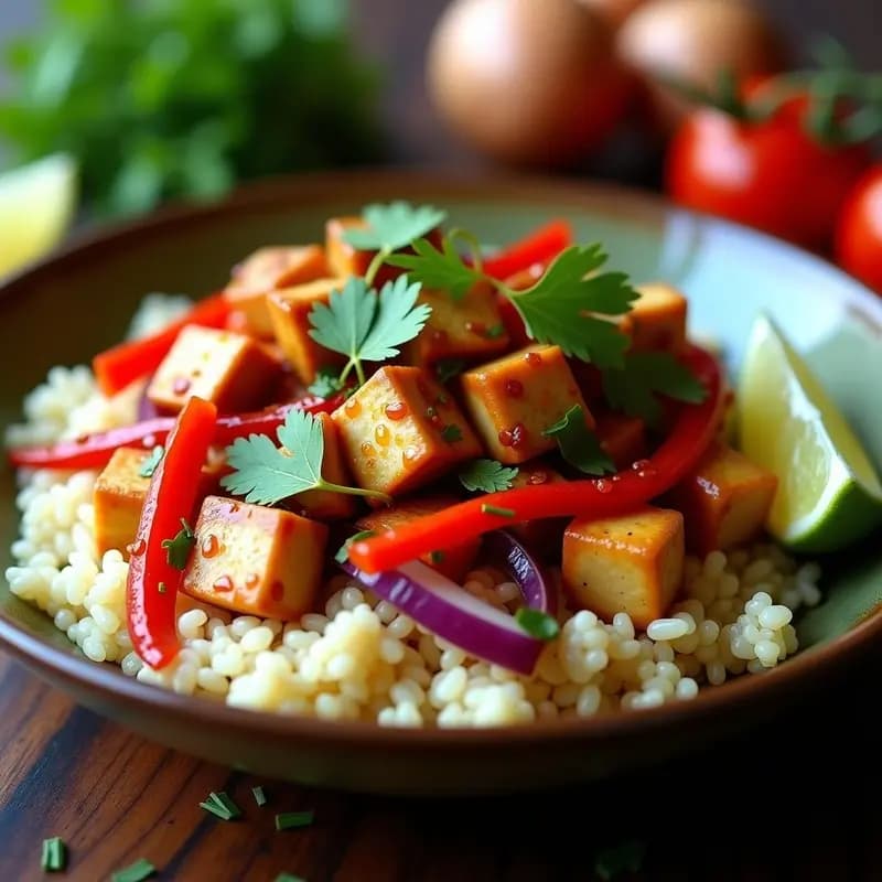 Lomo Saltado de Tofu con Arroz de Coliflor: Receta Peruana-China Vegana y Sin Gluten
