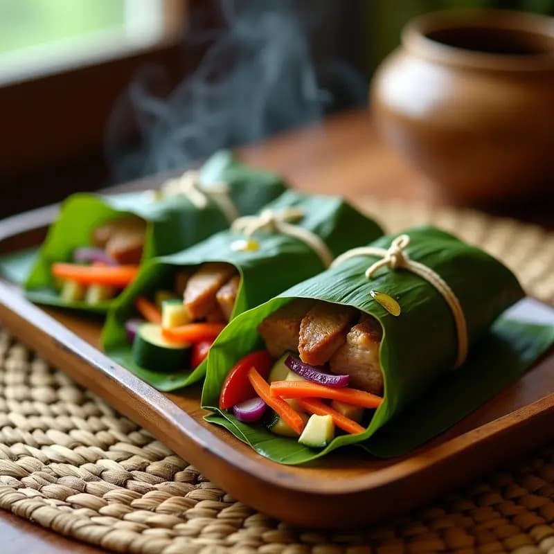 Lomodong de Cerdo y Verduras al Vapor: Receta Filipina en Hojas de Plátano