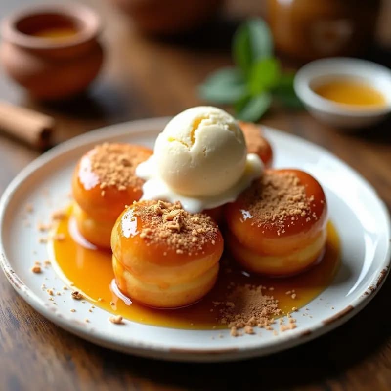 Loukoumades Griegos: Buñuelos de Miel y Canela con Helado de Vainilla