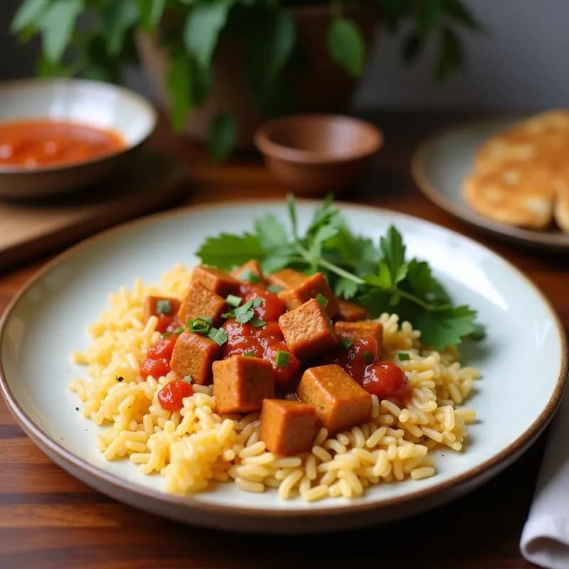 Luk Lak de Tempeh con Salsa de Ostra Vegana y Arroz Jasmin: Receta Tailandesa Alta en Proteína
