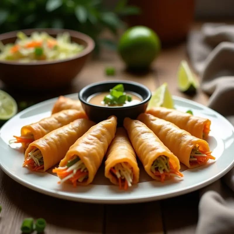 Lumpia de Repollo y Zanahoria con Salsa de Soya y Lima: Rollito Filipino Crujiente