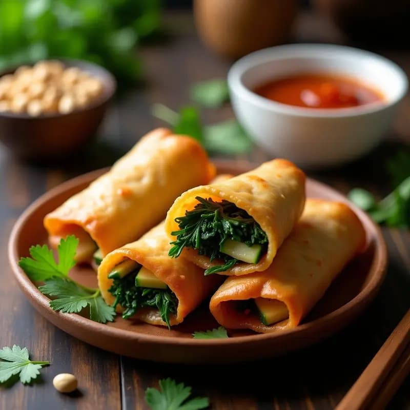 Lumpia de Verduras con Salsa de Chili Dulce: Rollito Filipino Crujiente y Vegano
