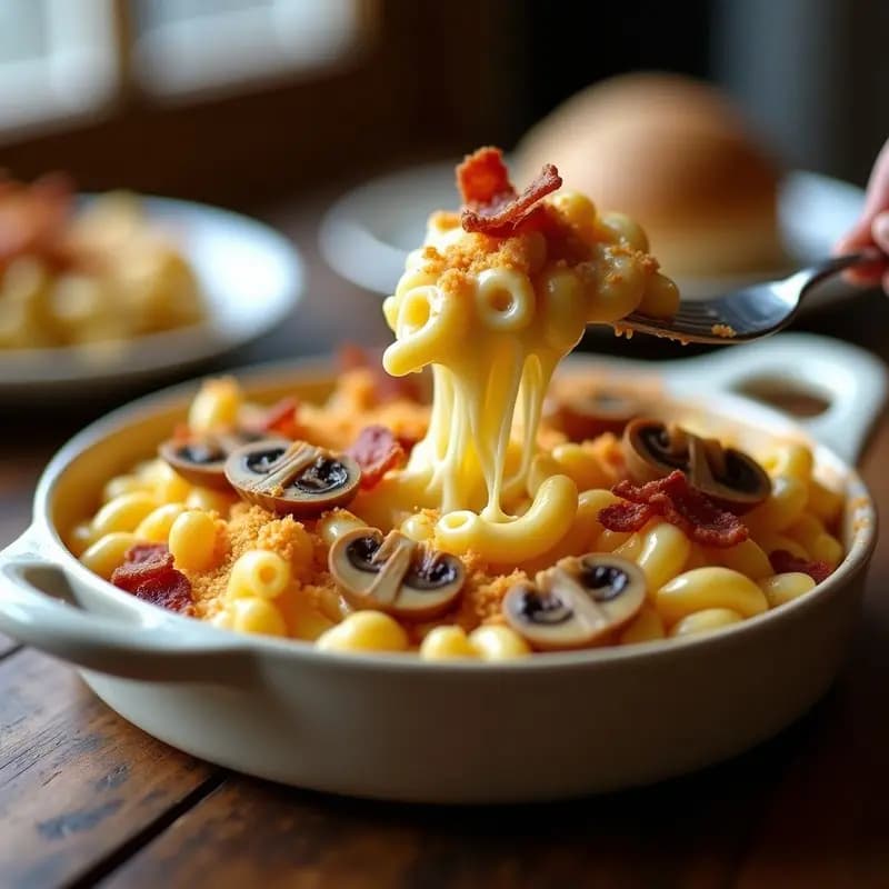 Mac and Cheese con Tocino, Champiñones y Pan Rallado Crujiente: Receta que Alegrará tu Día