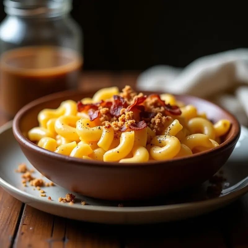 Mac y Queso con Tocino Crujiente y Pan de Ajo Desmenuzado: Receta Reconfortante Extrema