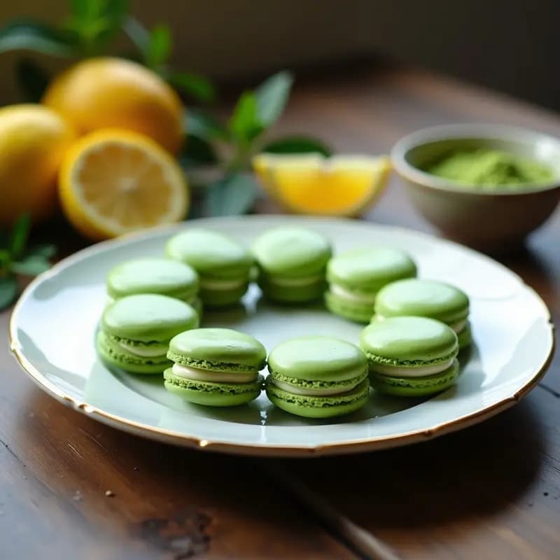 Macarons de Matcha y Limón con Relleno de Ganache de Chocolate Blanco: Postre Francés Sin Azúcar
