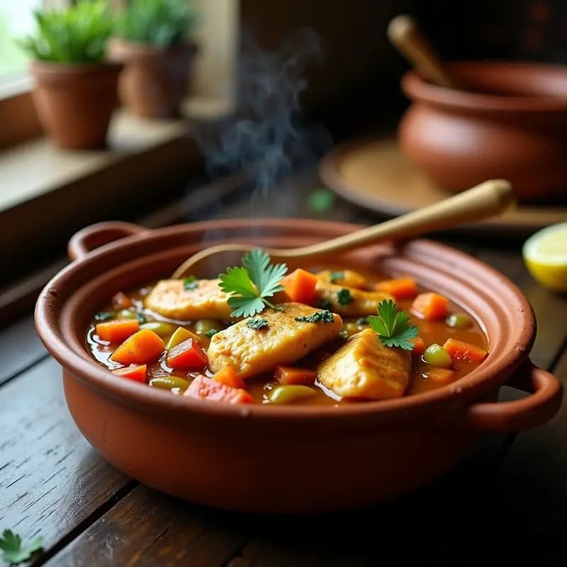 Mafé de Pez con Salsa de Cacahuete y Verduras: Estofado Africano en Olla de Barro