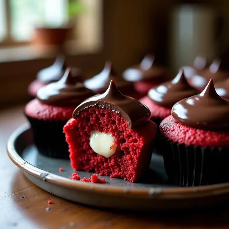 Magdalenas de Red Velvet Rellenas de Queso Crema y Bañadas en Chocolate Negro: Postre de Alto Nivel