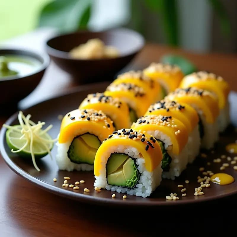 Maki de Aguacate y Mango con Salsa de Wasabi: Rollos Japoneses Veganos y Sin Pescado