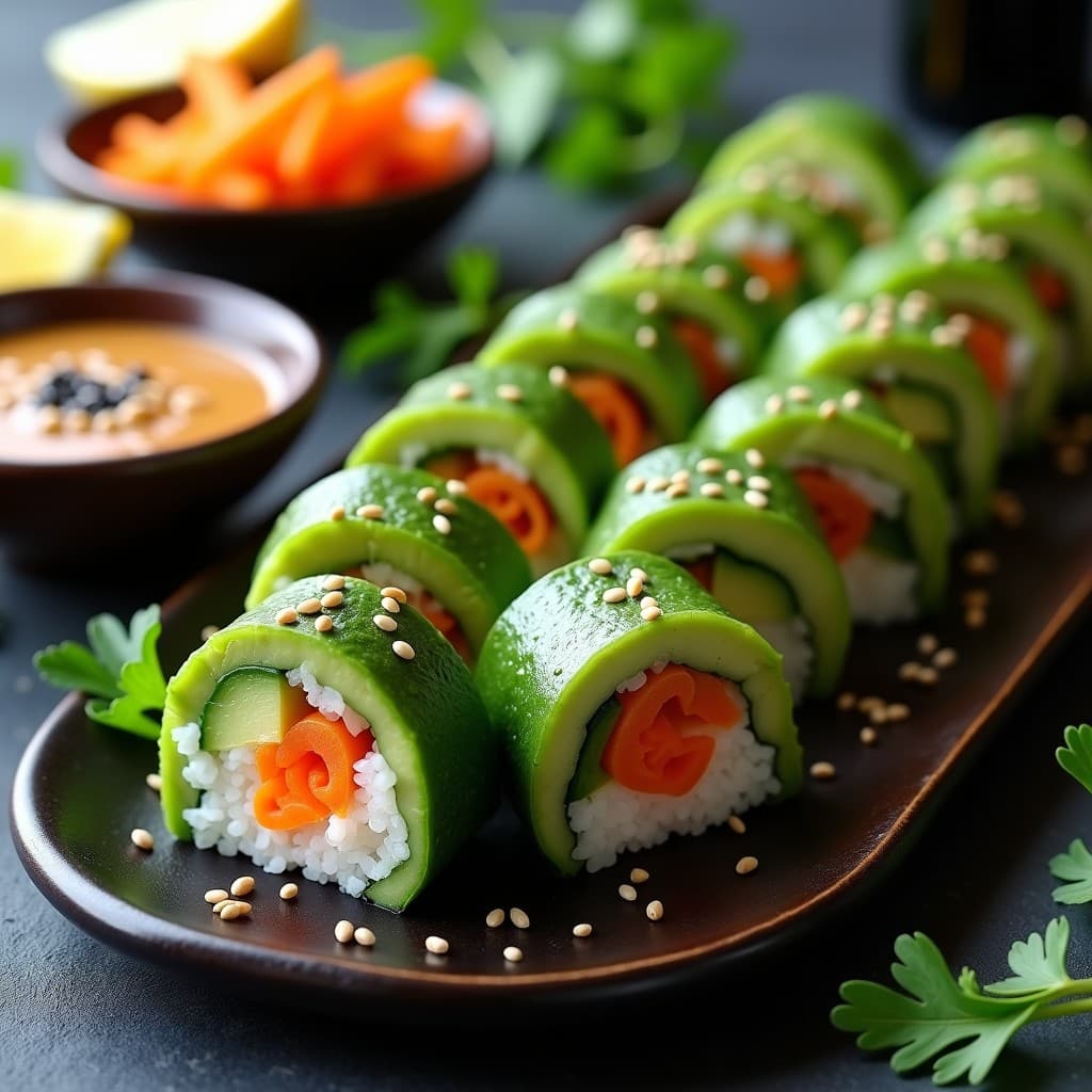 Maki Rolls de Aguacate, Pepino y Zanahoria con Salsa de Cacahuete: Receta crudivegana japonesa sin pescado