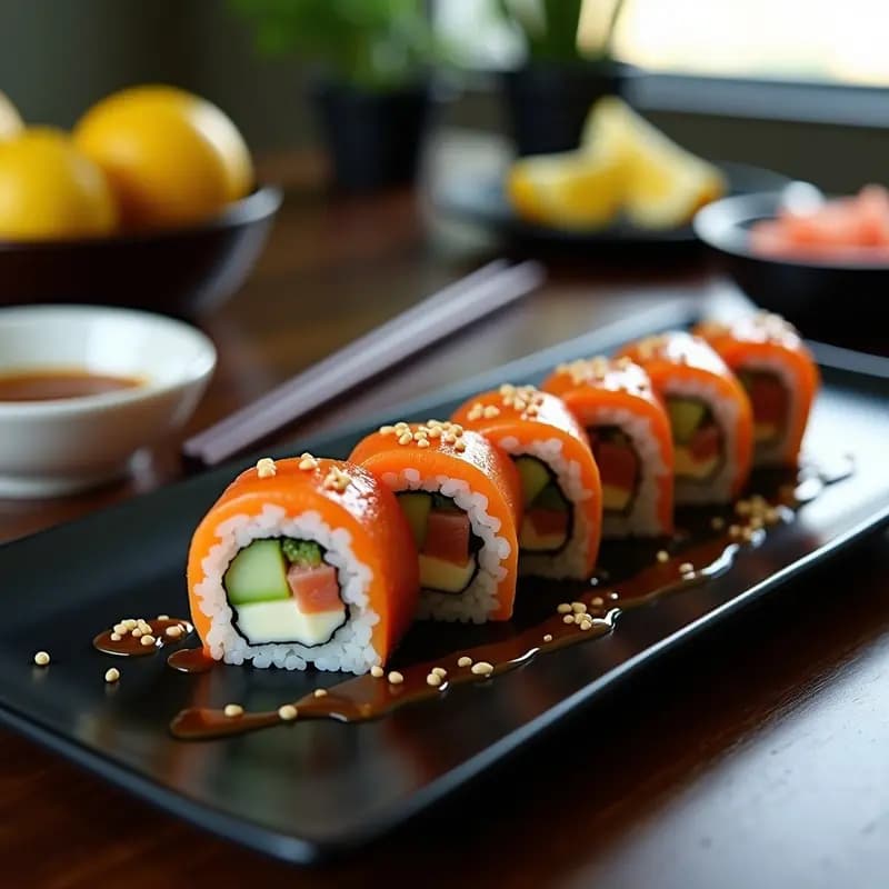 Maki de Salmón Ahumado y Queso Crema con Salsa Teriyaki: Receta Japonesa Fusión
