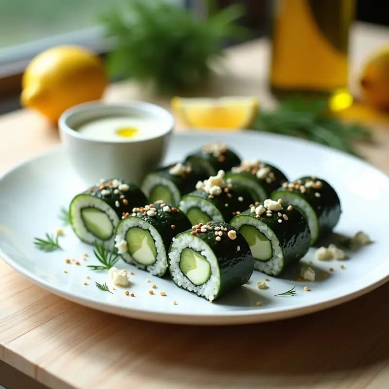 Makis de Pepino y Queso Feta con Salsa de Yogur: Receta de Sushi Griego Innovadora