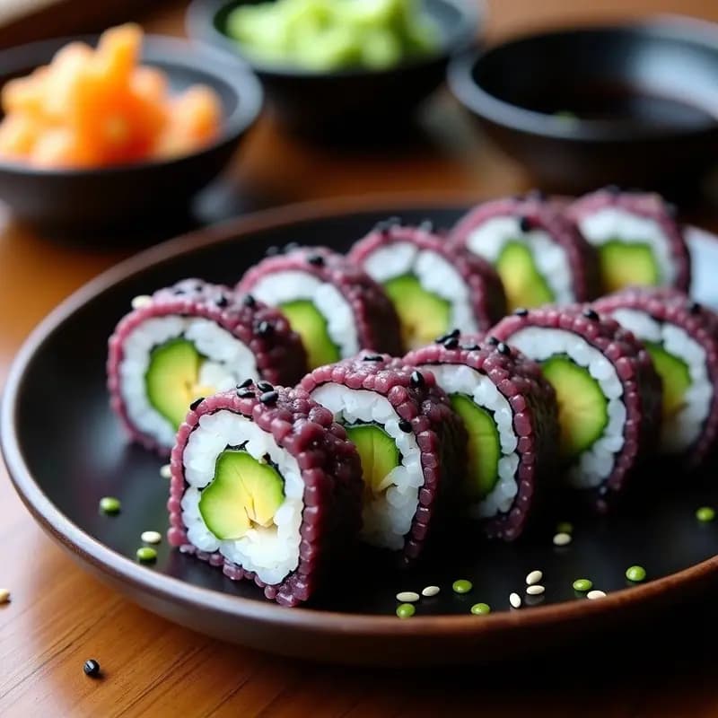 Makizushi de Aguacate y Pepino con Arroz Morado: Rollos Japoneses Veganos Sin Pescado