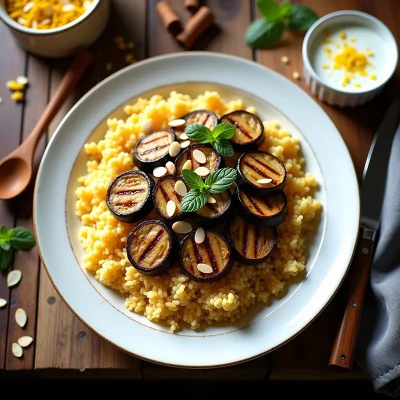Makluba Jordana de Berenjena y Cordero: Arroz Invertido con Salsa de Yogur
