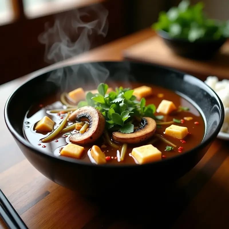 Manchow Soup con Champiñones y Bambú: Sopa Indo-China Vegana y Picante