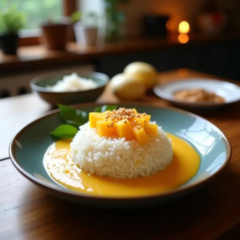 Mango Sticky Rice: Postre Tailandés con Leche de Coco y Sésamo