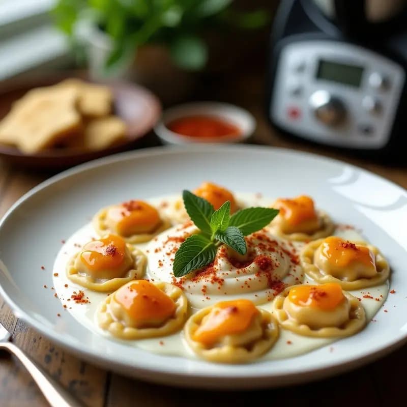 Manti Turco de Calabaza y Queso Vegano con Yogur de Soja: Receta en Thermomix