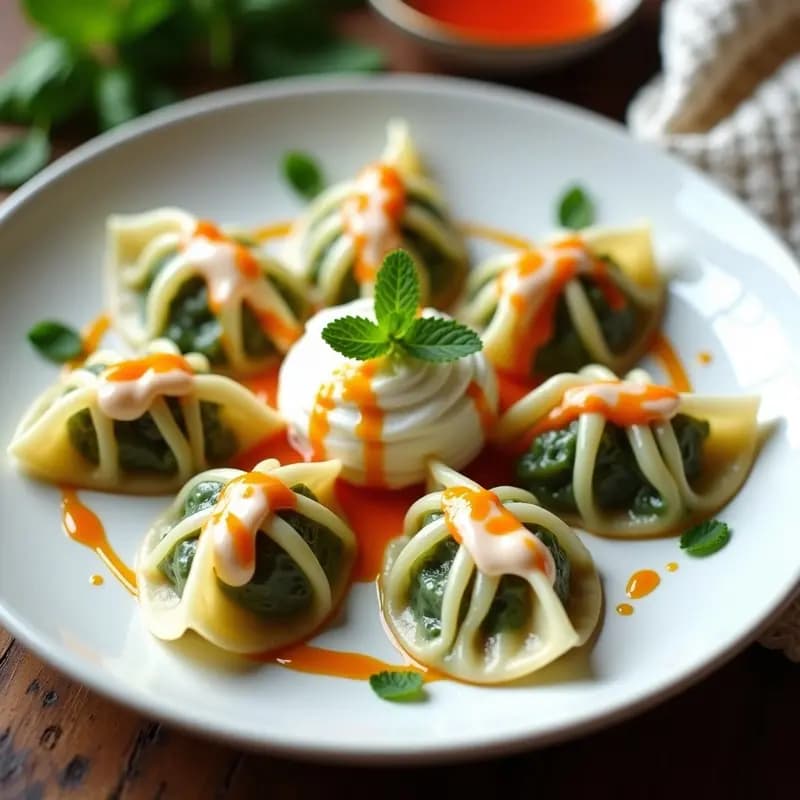 Manti Turcos de Espinacas y Queso con Yogur y Aceite de Chili: Dumplings de Oriente Medio