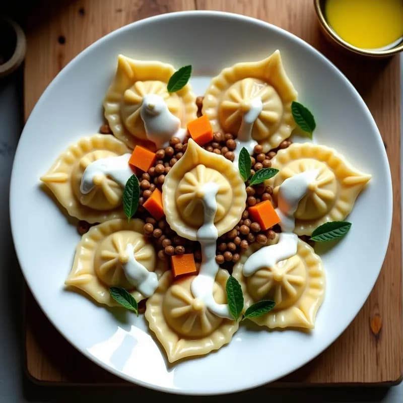 Manti Turco de Calabaza y Lentejas: Raviolis al Vapor con Yogur y Ajo