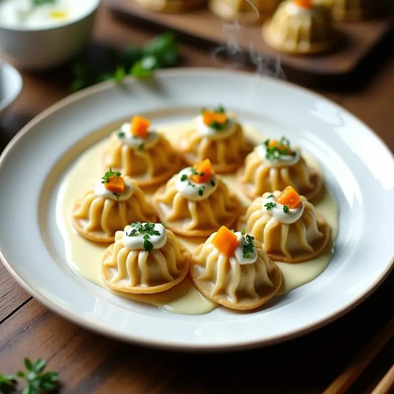 Manti Turco de Calabaza y Queso Vegano: Empanadillas al Vapor con Salsa de Ajo