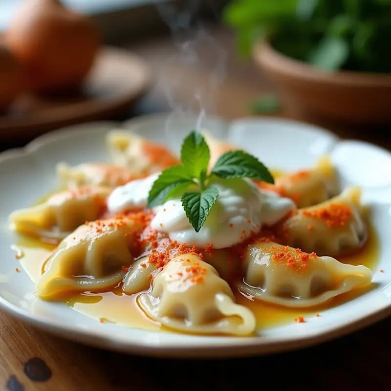 Manti Turco con Yogur y Salsa de Ajo: Empanadillas de Carne Rellenas Boiladas