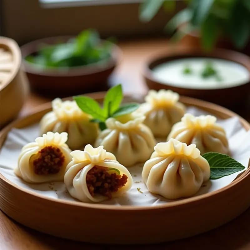 Mantoo Afgano con Relleno de Cebolla y Carne Picada: Empanadas al Vapor Tradicionales