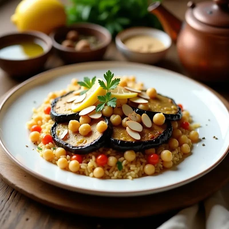 Maqluba de Arroz Basmati con Berenjena y Garbanzos: Plato Palestino Vegano y Especiado