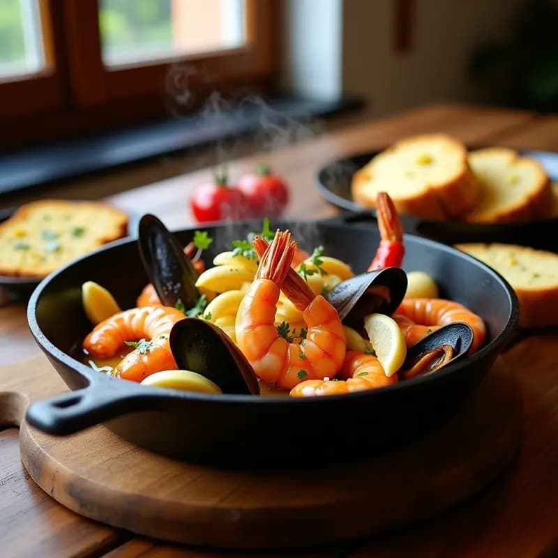 Mariscos al Ajillo con Pan de Ajo: Receta Española de Tapa en Sartén