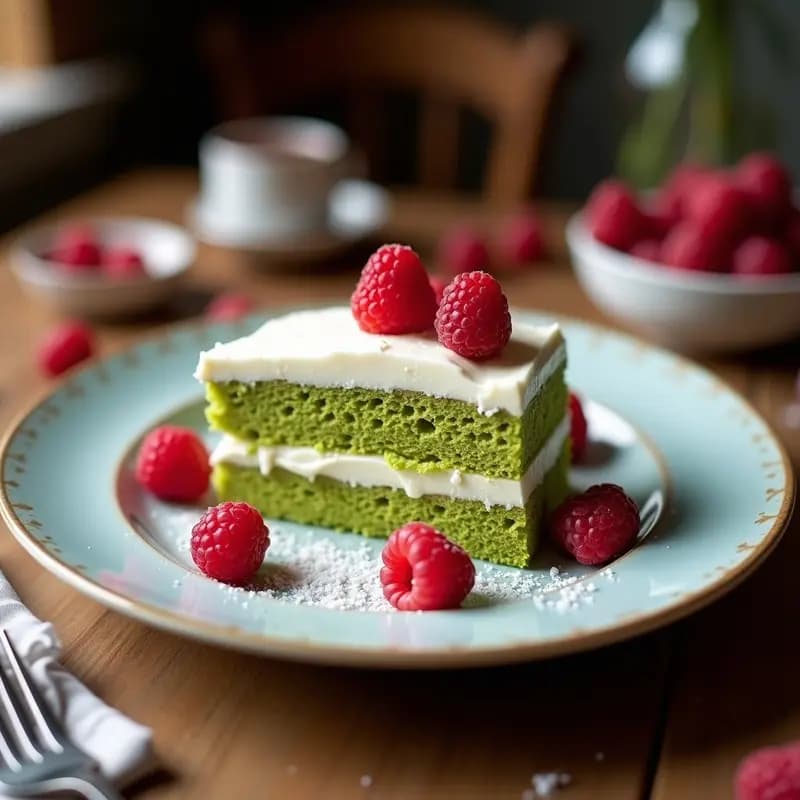 Matcha Cloud Cake: Bizcocho Esponjoso de Matcha con Crema de Coco y Reducción de Frambuesas