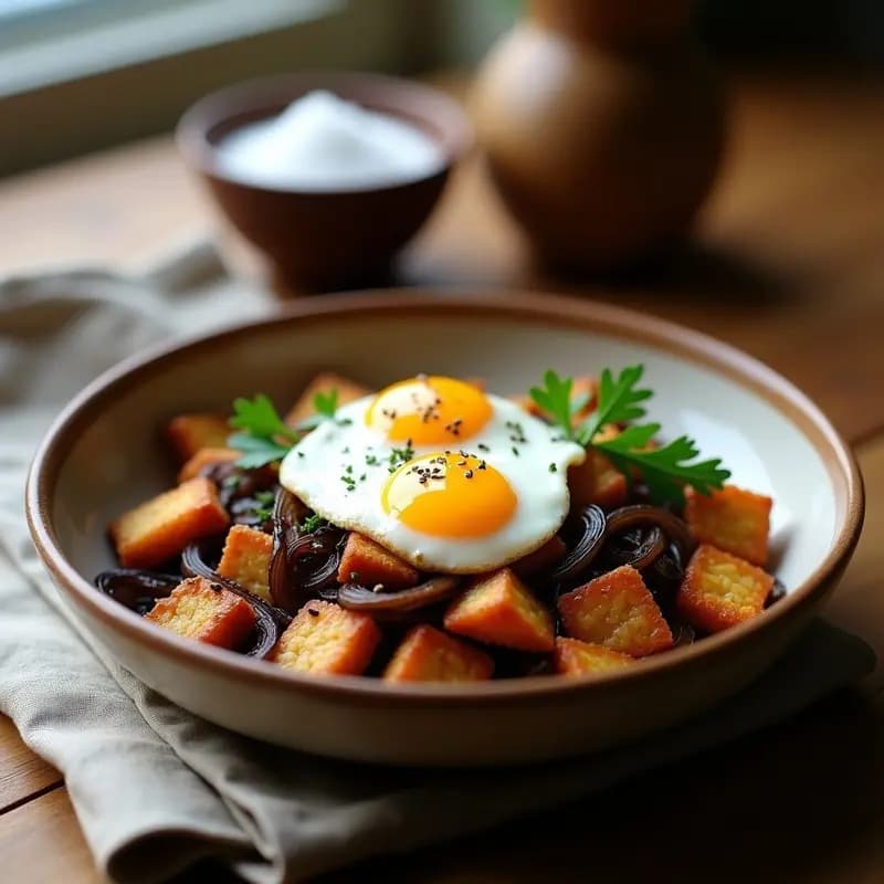 Matzo Brei con Cebolla Caramelizada y Huevo Poché: Desayuno Judío Tradicional y Keto