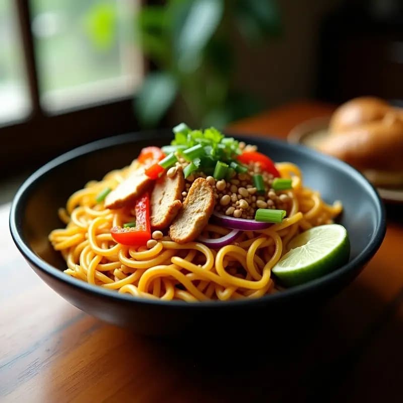 Mee Goreng Indonesia con Fideos Amarillos y Pollo: Salteado Picante Tradicional